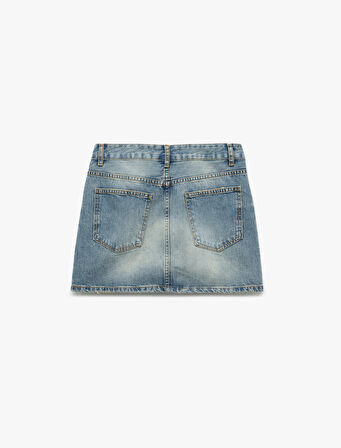 Pamuklu Asimetrik Düğmeli Cepli Denim Mini Etek