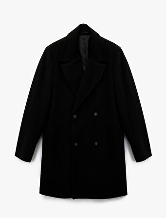 Uzun Kollu Cepli Düğmeli Kruvaze Yaka Uzun Kaşe Kaban