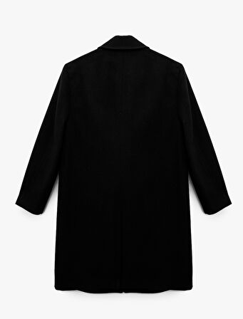 Uzun Kollu Cepli Düğmeli Kruvaze Yaka Uzun Kaşe Kaban