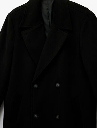 Uzun Kollu Cepli Düğmeli Kruvaze Yaka Uzun Kaşe Kaban