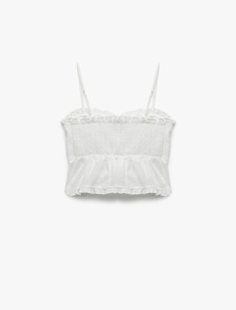 Pamuklu Dantel Detaylı Fırfırlı İnce Askılı Crop Bluz