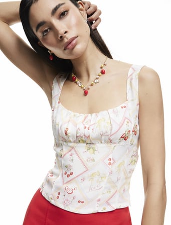 Viskon Meyve Baskılı Floral Kare Yaka Crop Bluz