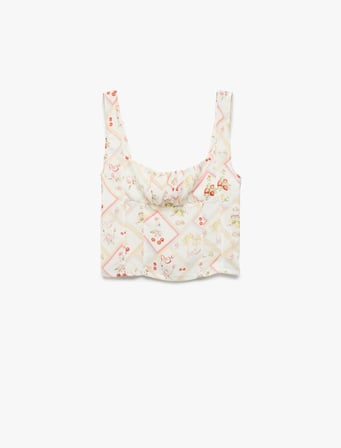 Viskon Meyve Baskılı Floral Kare Yaka Crop Bluz