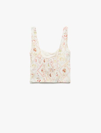 Viskon Meyve Baskılı Floral Kare Yaka Crop Bluz