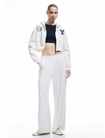 Yale Lisanslı Baskılı Fermuarlı Cepli Şardonlu Kapüşonlu Crop Sweatshirt