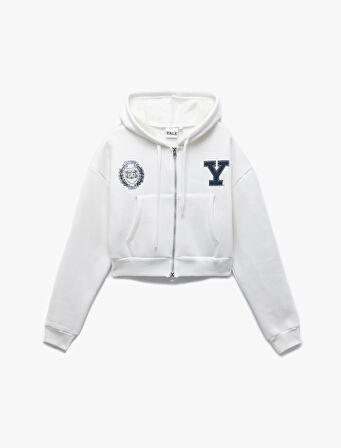 Yale Lisanslı Baskılı Fermuarlı Cepli Şardonlu Kapüşonlu Crop Sweatshirt