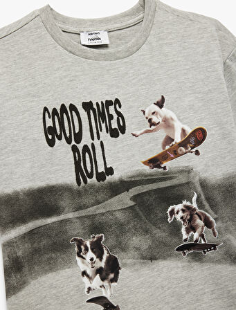 Köpek Baskılı Kısa Kollu Bisiklet Yaka Tişört