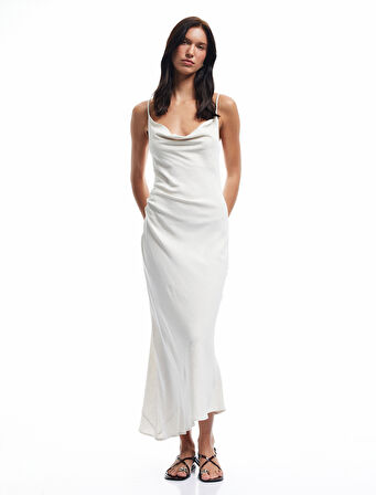 Keten Karışımlı Drape Detaylı Askılı Uzun Degaje Yaka Elbise
