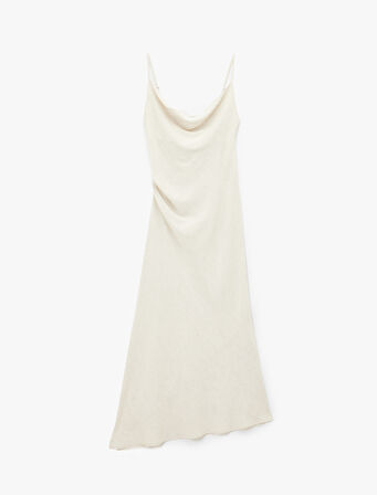 Keten Karışımlı Drape Detaylı Askılı Uzun Degaje Yaka Elbise