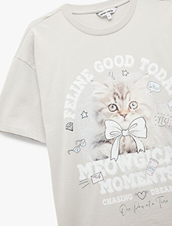 Kısa Kollu Bisiklet Yaka Baskılı Pamuklu Tişört