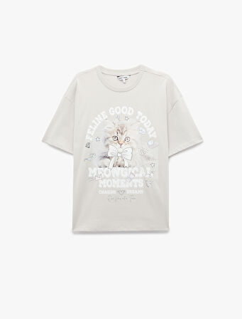 Kısa Kollu Bisiklet Yaka Baskılı Pamuklu Tişört