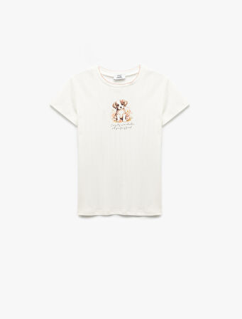 Köpek Baskılı Bisiklet Yaka Kısa Kollu Tişört