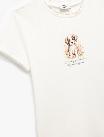 Köpek Baskılı Bisiklet Yaka Kısa Kollu Tişört