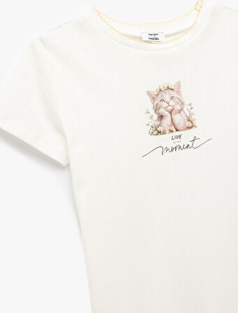 Kedi Baskılı Kısa Kollu Bisiklet Yaka Tişört