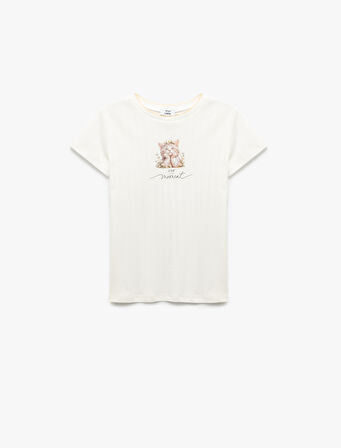 Kedi Baskılı Kısa Kollu Bisiklet Yaka Tişört