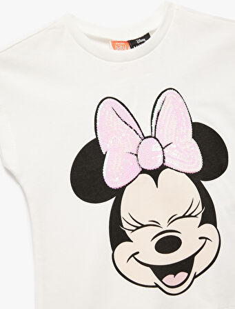 Pamuklu Pullu Payetli Bisiklet Yaka Kısa Kollu Lisanslı Minnie Mouse Tişört