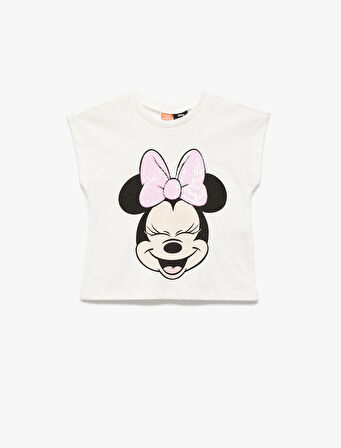 Pamuklu Pullu Payetli Bisiklet Yaka Kısa Kollu Lisanslı Minnie Mouse Tişört