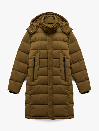 Uzun Kollu Cepli Kapşonlu Uzun Şişme Mont