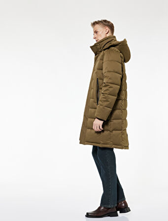 Uzun Kollu Cepli Kapşonlu Uzun Şişme Mont