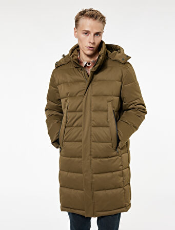 Uzun Kollu Cepli Kapşonlu Uzun Şişme Mont