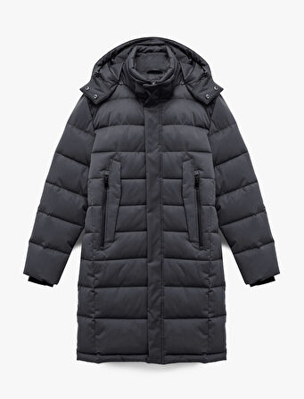 Uzun Kollu Cepli Kapşonlu Uzun Şişme Mont