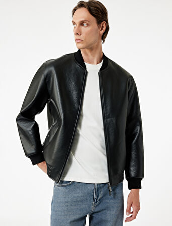 Uzun Kollu Fermuarlı Cep Detaylı Bomber Suni Deri Ceket