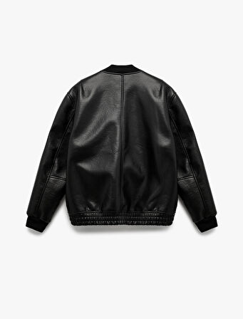 Uzun Kollu Fermuarlı Cep Detaylı Bomber Suni Deri Ceket