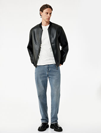 Uzun Kollu Fermuarlı Cep Detaylı Bomber Suni Deri Ceket