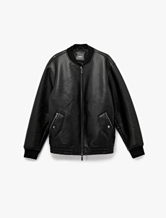 Uzun Kollu Fermuarlı Cep Detaylı Bomber Suni Deri Ceket