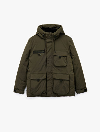 Uzun Kollu Kapaklı Cepli Su İtici Fermuarlı Kapşonlu Kışlık Parka