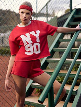 Baskılı Bisiklet Yaka Kısa Kollu Rahat Kalıp Spor Tişört