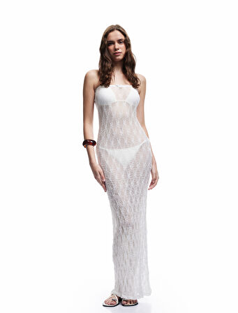 Transparan Uzun Dantelli Çiçekli Straplez Plaj Elbisesi