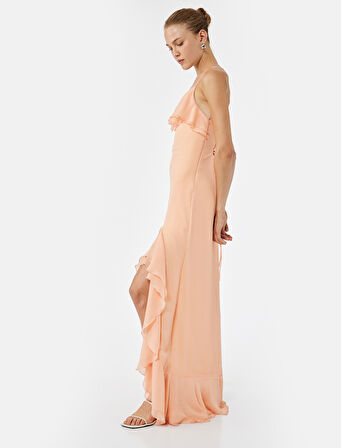 Volanlı Fırfırlı Asimetrik Kesim Slim Fit Askılı Elbise