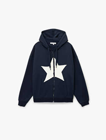 Yıldız Baskılı Şardonlu Kapüşonlu Kanguru Cepli Oversize Fermuarlı Sweatshirt