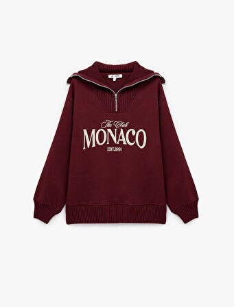 Yarım Fermuarlı Pamuklu Rahat Kalıp Kolej Baskılı Sweatshirt