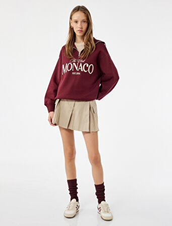 Yarım Fermuarlı Pamuklu Rahat Kalıp Kolej Baskılı Sweatshirt