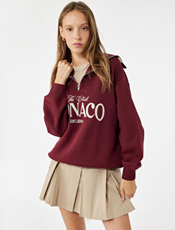 Yarım Fermuarlı Pamuklu Rahat Kalıp Kolej Baskılı Sweatshirt