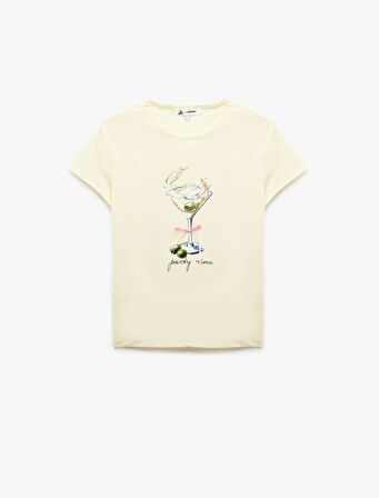 Kısa Kollu Bisiklet Yaka Baskılı Pamuklu Tişört