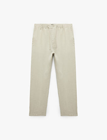 Beli Bağcıklı Düğmeli Cep Detaylı Keten Chino Pantolon