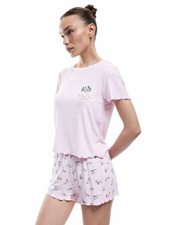 Viskon Kumaş Bisiklet Yaka Kısa Kollu Çiçekli Şortlu Pijama Takımı