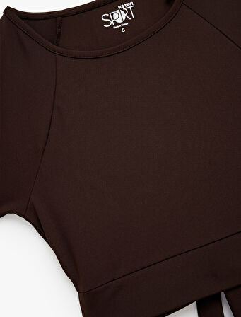 Slim Fit Kısa Kollu Bisiklet Yaka Crop Bağlama Detaylı Spor Tişört