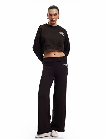 Baskılı Uzun Kollu Bisiklet Yaka Şardonlu Oversize Crop Sweatshirt