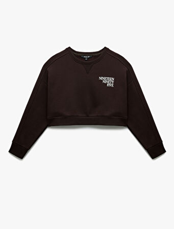 Baskılı Uzun Kollu Bisiklet Yaka Şardonlu Oversize Crop Sweatshirt
