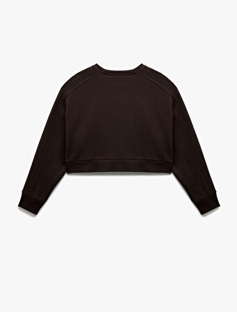 Baskılı Uzun Kollu Bisiklet Yaka Şardonlu Oversize Crop Sweatshirt