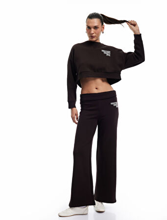 Beli Lastikli Şardonlu Baskılı Geniş Paça Eşofman Altı