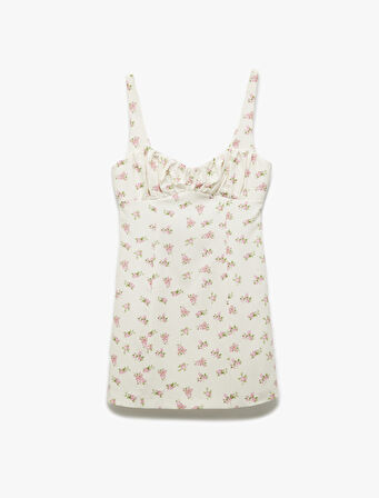 Viskon Kumaş Astarlı Kalp Yaka Askılı Mini Çiçekli Elbise