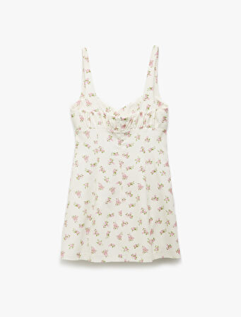 Viskon Kumaş Astarlı Kalp Yaka Askılı Mini Çiçekli Elbise