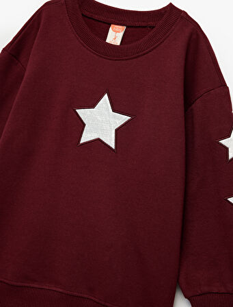 Pamuklu Bisiklet Yaka Şardonlu Pullu Yıldız İşlemeli Sweatshirt