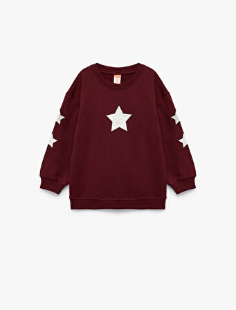 Pamuklu Bisiklet Yaka Şardonlu Pullu Yıldız İşlemeli Sweatshirt