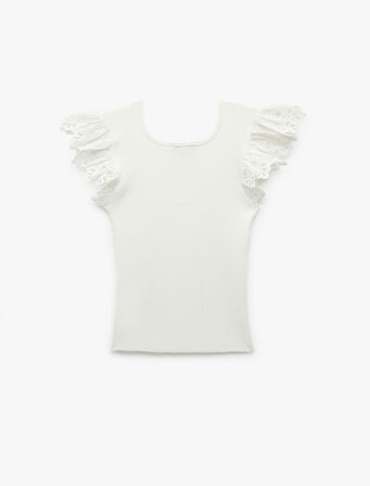 Kolsuz Brodeli Fırfır Detaylı Triko Bluz